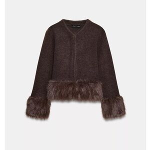 Zara FAUX FUR TRIM KNIT CARDIGAN